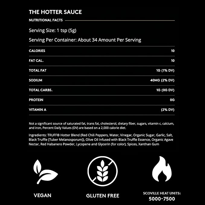 TRUFF Hotter Black Truffle Hot Sauce, Gourmet Hot Sauce with Jalapeño, Red Chili Peppers with More Heat, Black Truffle Oil, Organic Agave Nectar, Hotter Flavor Experience in a Bottle, 6 oz.