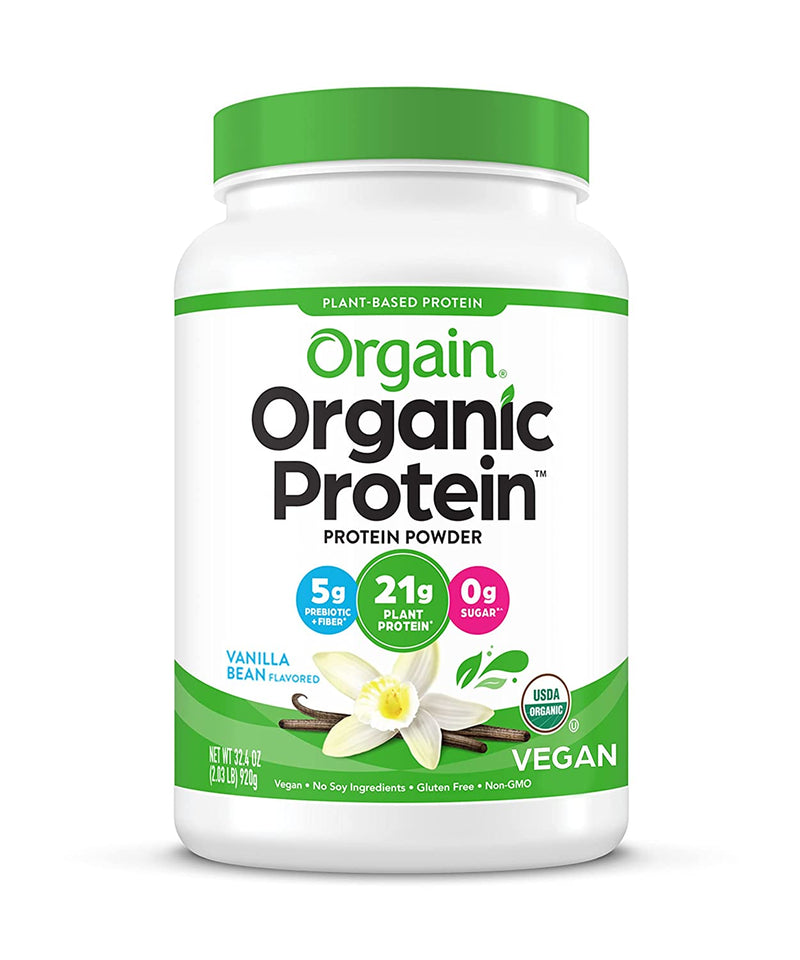 Orgain Organic Plant Based Protein Powder, Vanilla Bean - Vegan, Low Net Carbs, Non Dairy, Gluten Free, Lactose Free, No Sugar Added, Soy Free, Kosher, Non-GMO, 2.03 Pound (Packaging May Vary)