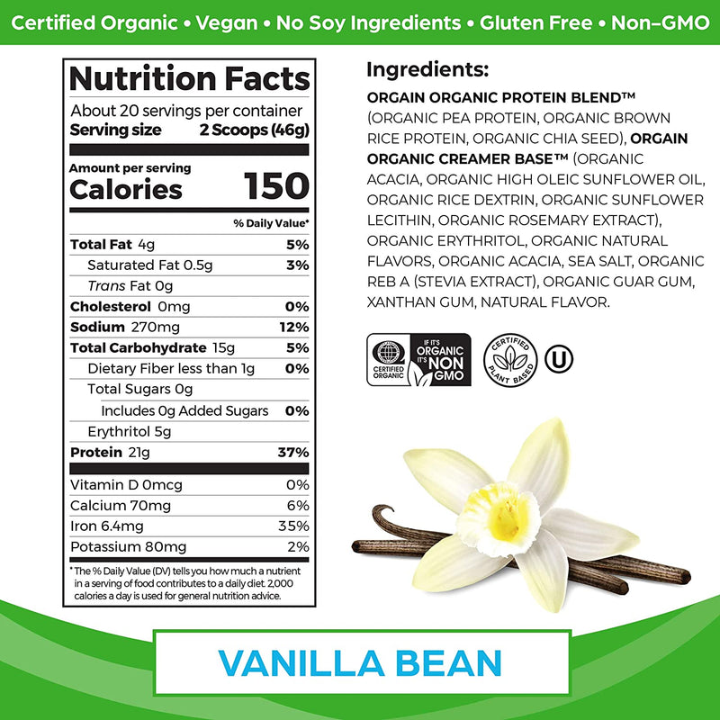 Orgain Organic Plant Based Protein Powder, Vanilla Bean - Vegan, Low Net Carbs, Non Dairy, Gluten Free, Lactose Free, No Sugar Added, Soy Free, Kosher, Non-GMO, 2.03 Pound (Packaging May Vary)