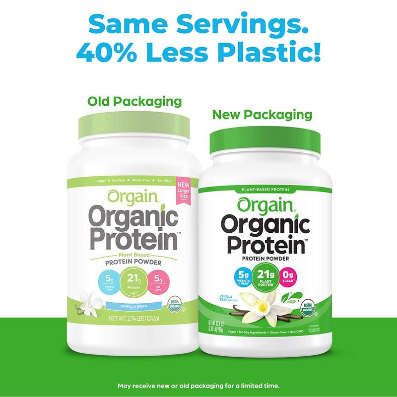 Orgain Organic Plant Based Protein Powder, Vanilla Bean - Vegan, Low Net Carbs, Non Dairy, Gluten Free, Lactose Free, No Sugar Added, Soy Free, Kosher, Non-GMO, 2.03 Pound (Packaging May Vary)