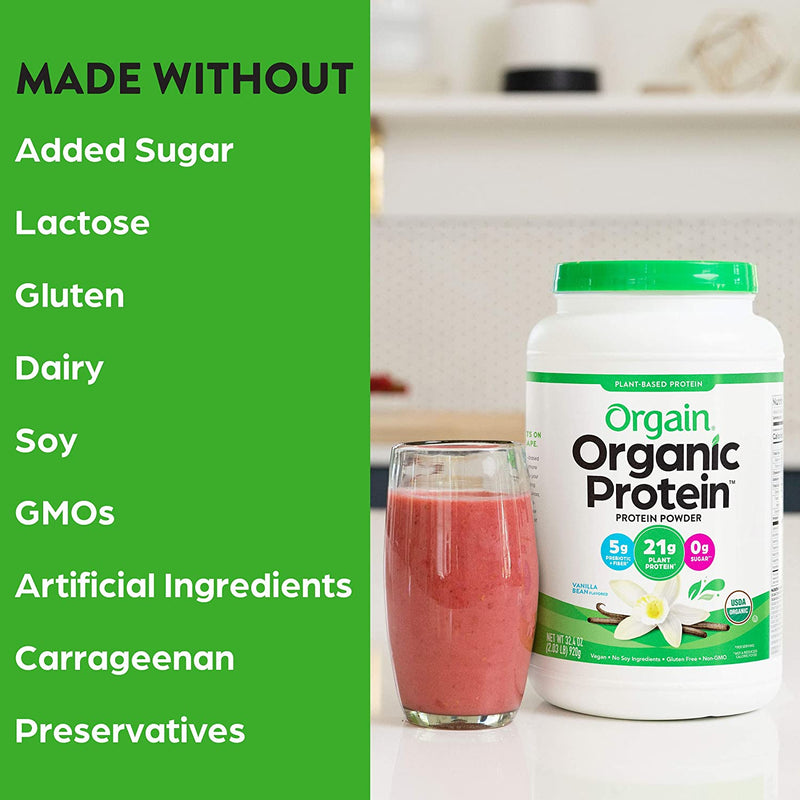 Orgain Organic Plant Based Protein Powder, Vanilla Bean - Vegan, Low Net Carbs, Non Dairy, Gluten Free, Lactose Free, No Sugar Added, Soy Free, Kosher, Non-GMO, 2.03 Pound (Packaging May Vary)