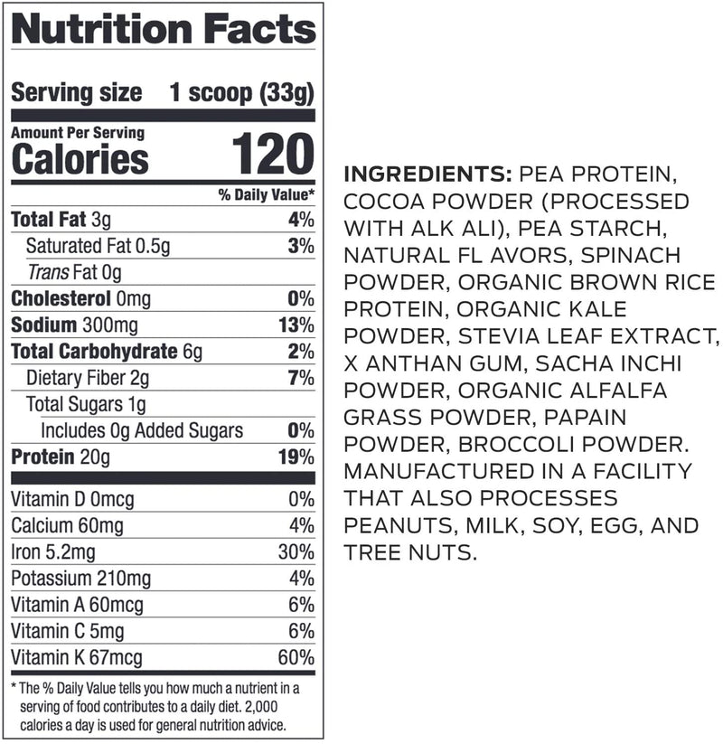 Vega Protein and Greens, Chocolate, Vegan Protein Powder, 20g Plant Based Protein, Low Carb, Keto, Dairy Free, Gluten Free, Non GMO, Pea Protein for Women and Men, 1.8 Pounds (25 Servings)