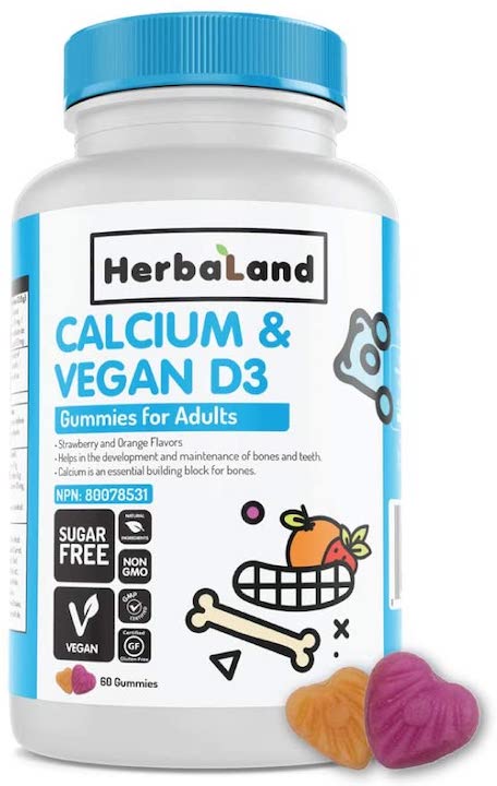 Herbaland Vegan Calcium and D3 Gummies for Adults - Sugar-Free Vitamin D Chews, Bone and Teeth Support, Phosphorus Supplement - 2.2 Grams, Strawberry and Orange Flavor, 60 Count