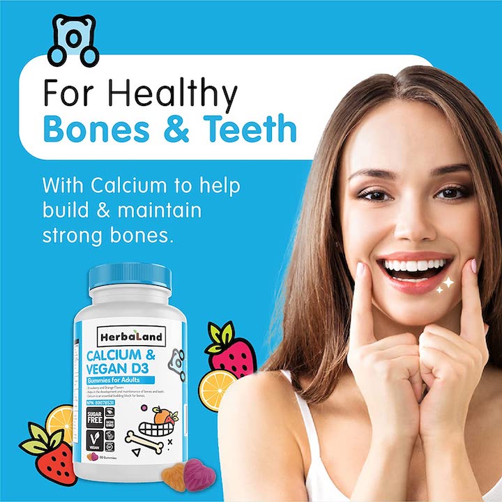 Herbaland Vegan Calcium and D3 Gummies for Adults - Sugar-Free Vitamin D Chews, Bone and Teeth Support, Phosphorus Supplement - 2.2 Grams, Strawberry and Orange Flavor, 60 Count
