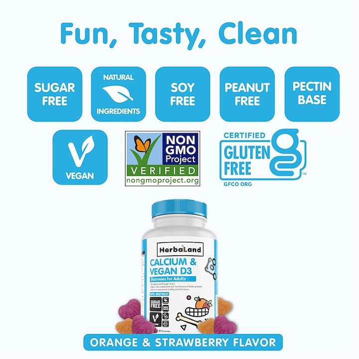 Herbaland Vegan Calcium and D3 Gummies for Adults - Sugar-Free Vitamin D Chews, Bone and Teeth Support, Phosphorus Supplement - 2.2 Grams, Strawberry and Orange Flavor, 60 Count