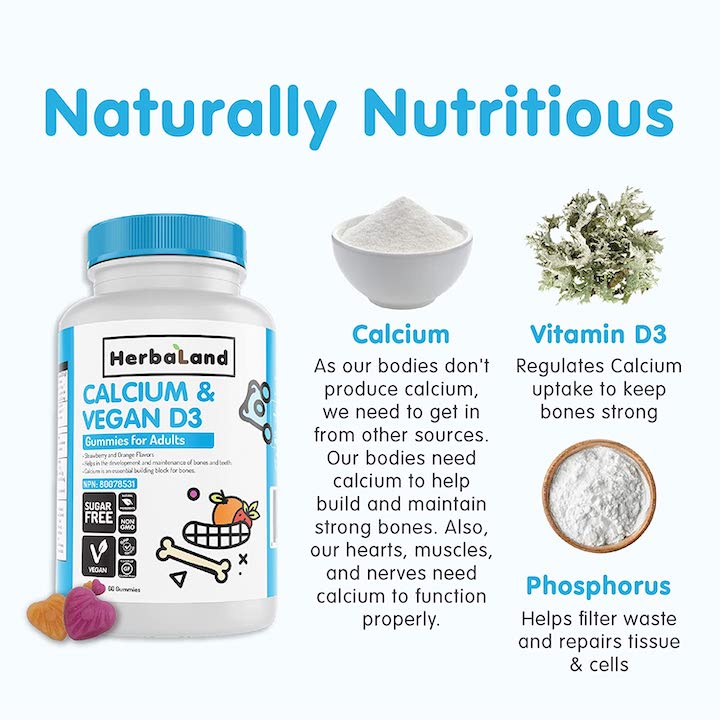 Herbaland Vegan Calcium and D3 Gummies for Adults - Sugar-Free Vitamin D Chews, Bone and Teeth Support, Phosphorus Supplement - 2.2 Grams, Strawberry and Orange Flavor, 60 Count