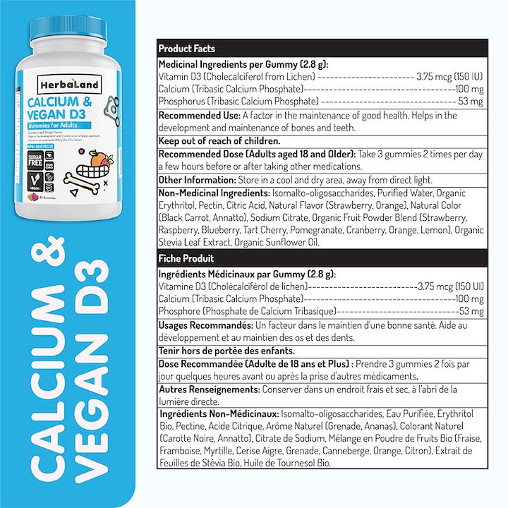 Herbaland Vegan Calcium and D3 Gummies for Adults - Sugar-Free Vitamin D Chews, Bone and Teeth Support, Phosphorus Supplement - 2.2 Grams, Strawberry and Orange Flavor, 60 Count