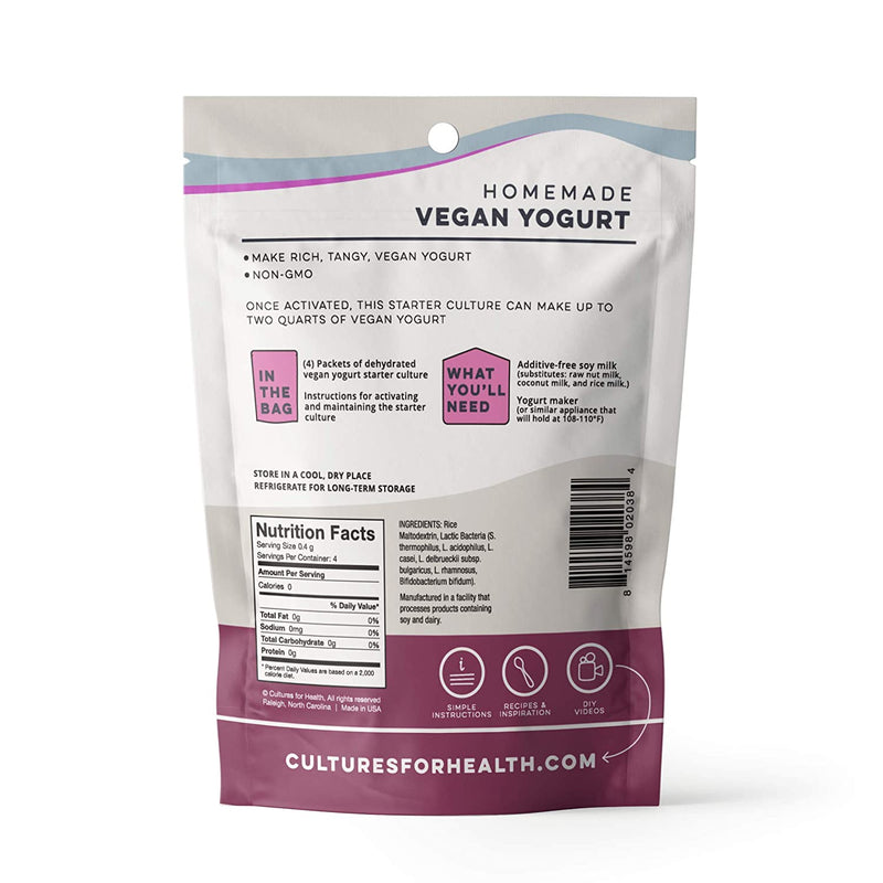 Cultures for Health Vegan Yogurt Starter Culture | Non-GMO, Gluten Free, Non-Dairy, DIY | Make Delicious Batches of High-Quality Probiotic-Dense Plain Vegan Yogurt | 4 Packets