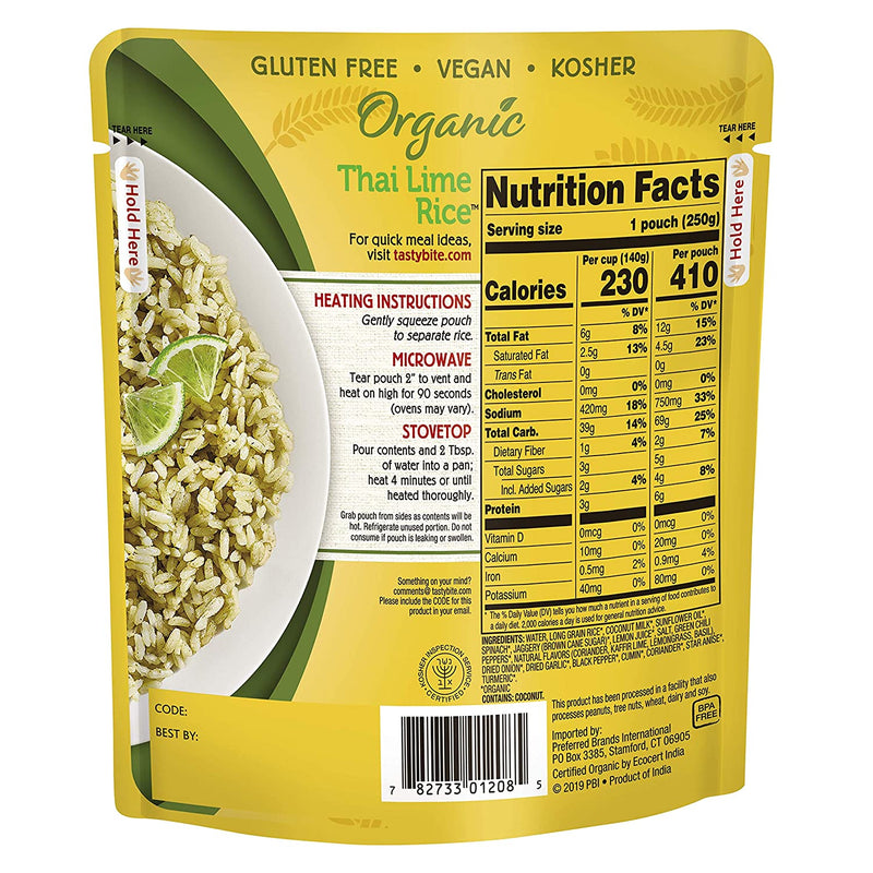 Tasty Bite Thai Lime Rice, Ready to Eat Microwaveable Cooked Rice, Vegan, 8.80 Ounce (Pack of 6)